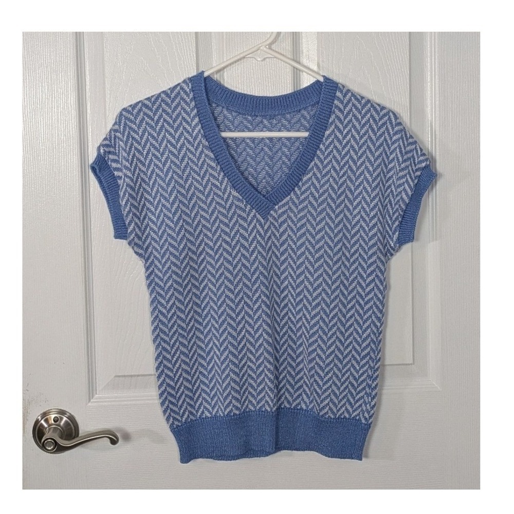 Retro Preppy Sleeveless Knit Sweater Vest Blue and White Chevron One Size / Sm